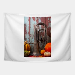 Old Tuba And Pumpkins Tapestry