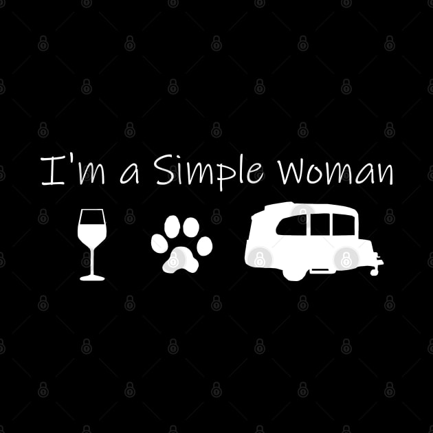 Airstream Basecamp "I'm a Simple Woman" - Wine, Cats & Basecamp T-Shirt (White Imprint) T-Shirt by dinarippercreations