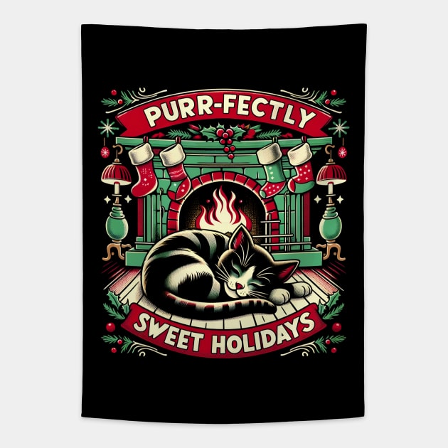 Christmas cat nap Tapestry by Neon Galaxia