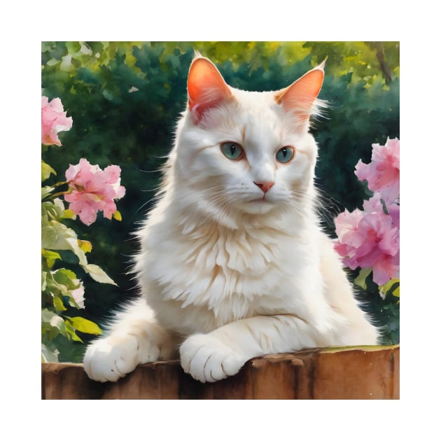 Cute White Cat With Flowers Watercolour Cat Art by vanityvibes