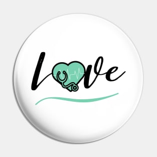 Love medicine black text design with green heart stethoscope and heartbeat Pin