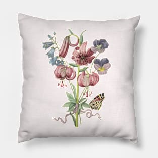 Lily Flower Bouquet with Butterfly Vintage Botanical Illustration Pillow