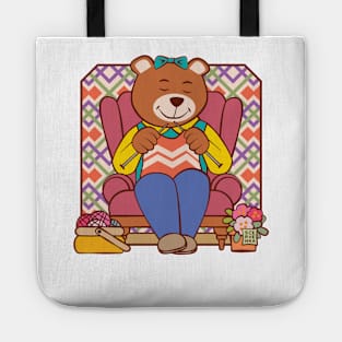 Bear Knitting in Chair Tote