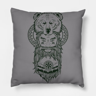 bear totem and bearded man with mandala Pillow