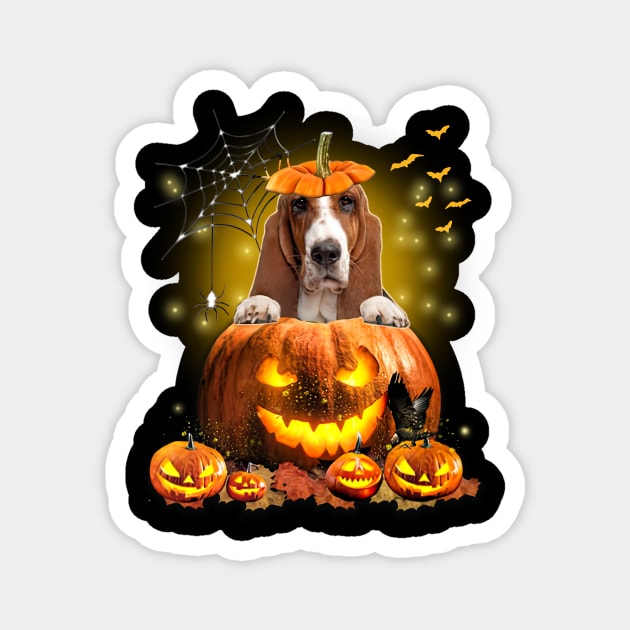 Basset Hound Spooky Halloween Pumpkin Dog Head Magnet by Los Draws