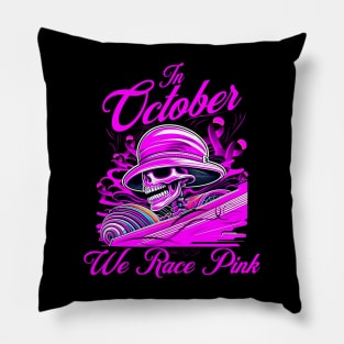 In October We Race Pink Breast Cancer Awareness Ribbon Skull Pillow