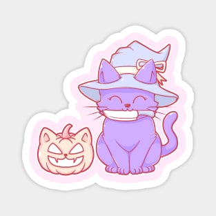 Cute Pastel Halloween Kawaii Cat Pumpkin With Knife and Witch Hat Magnet