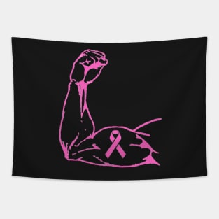 Flexed arm with pink Awareness Ribbon Tapestry