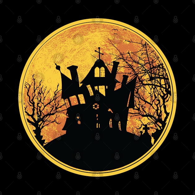 Halloween Night Full Moon Haunted House Black Silhouette by CoffeeandTeas