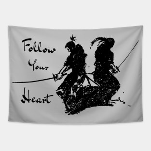 Follow Your Heart Samurai Warrior Black on White Tapestry