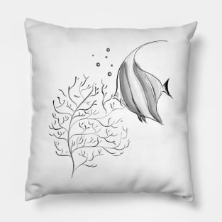 Black and White Fish and Coral Pillow