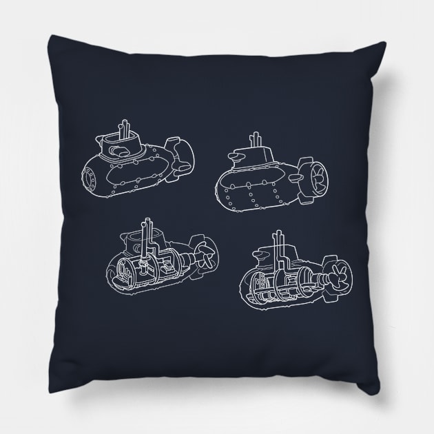 White Line-Drawn Submarine Diagram Submersible Illustration Pillow by taylorcustom