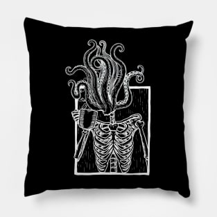 Coffee drinking skeleton with tentacle head Pillow
