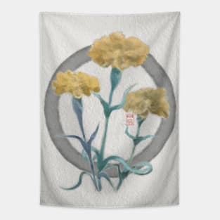 zen circle with sumiE watercolor yellow carnations Tapestry