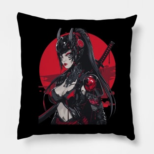 Red Samurai Cyber Girl Japanese Art Pillow