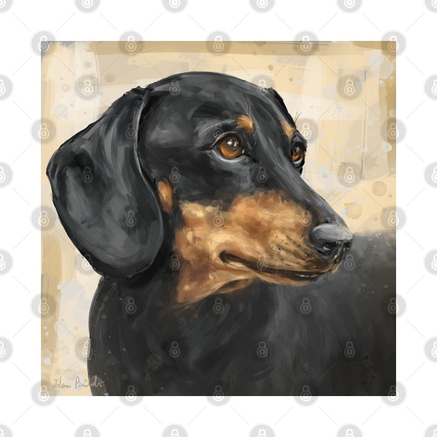 Painting of a Dachshund with Black and Gold Coat, on Beige Background by ibadishi