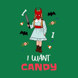 I want Candy horror witch kid with devil mask design for halloween T-Shirt