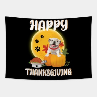 Olde English Bulldogge Seeing Turkey Dish Happy Halloween Thanksgiving Merry Christmas Day Tapestry