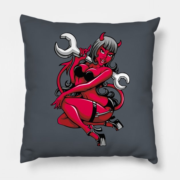 Devil Pin-Up Girl with Big Wrench Pillow by fatline