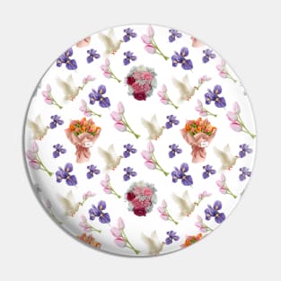 Bouquet flowers, flying white dove and blooming flowers Pin