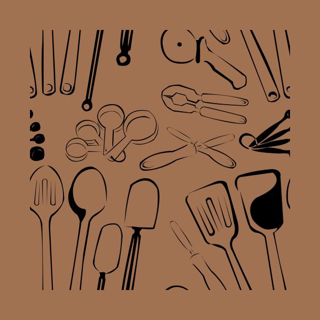 Minimal pattern of kitchen tools on a black background by Little Black Bird Designs