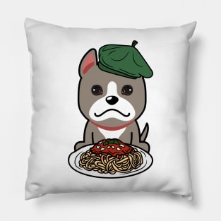 Cute grey dog eating spaghetti Pillow