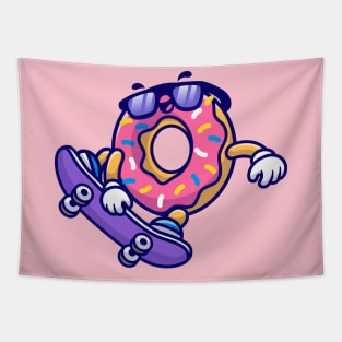 Cute Doughnut Playing Skateboard Cartoon Tapestry