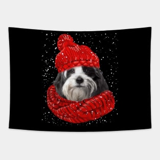 Tibetan Terrier Wearing Red Hat And Scarf Christmas Tapestry