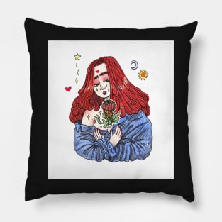 PROTEA girl with protea flower illustration Pillow