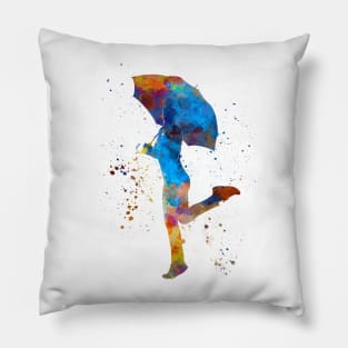 happy woman holding umbrella silhouette in watercolor Pillow