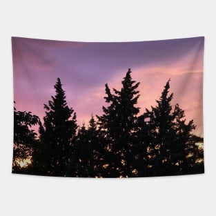 Purple sky at sunset and pine trees Tapestry