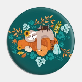 Sloths in pumpkin mood // spot // green background orange teal and aqua autumnal pumpkins fall leaves shepherd’s check yellow sunflowers Pin