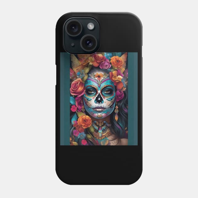 Floral Fiesta: Woman Embraces Dia de los Muertos with Sugar Skull Makeup Phone Case by ImaginativeInkPOD