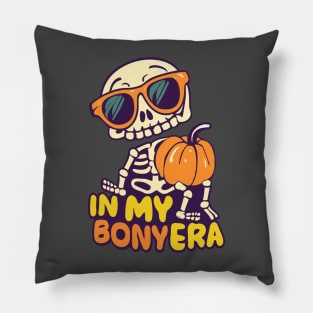 In My Bony Era Tee Halloween Skeleton with Glasses holding Pumpkin Pillow