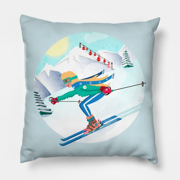 skiing pretty girl Pillow by showmemars