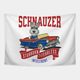 Humor funny cute schnauzer dog driving a classic retro vintage car with red white and blue flags Tapestry