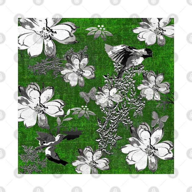 Birds and Magnolias Toile Green Pattern by Overthetopsm