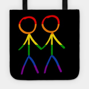Stick figure drawing of two gay men holding hand, in rainbow colors for pride Tote