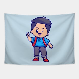 Cute Boy With Peace Sign Cartoon Tapestry