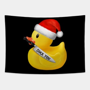 Yellow xmas rubber duck with knife Duck you Tapestry