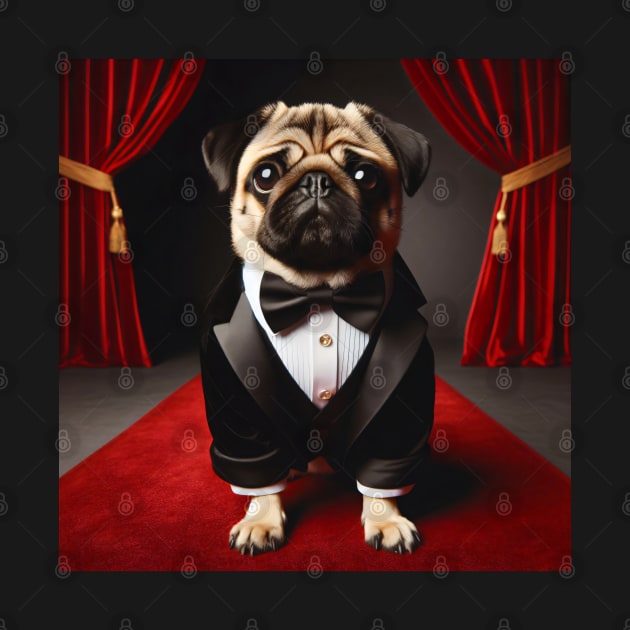 Pug dog in formal tuxedo suit sitting on red carpet by nicecorgi