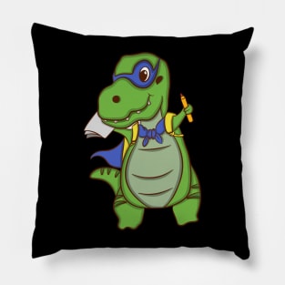 cartoon illustration design dinosaur carrying a pencil book bag wearing a superhero mask and wings Pillow