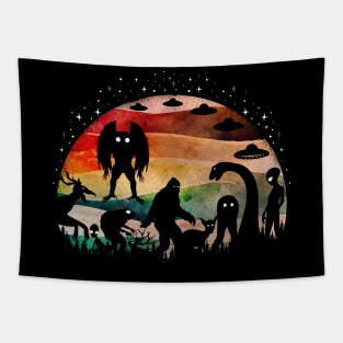 Funny Cryptid Bigfoot Loch Ness Monster Mothmand And Aliens Tapestry