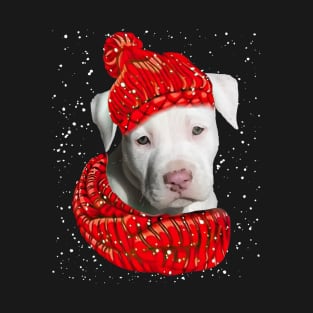 Staffordshire Bull Terrier Wearing Red Hat And Scarf In Snow T-Shirt