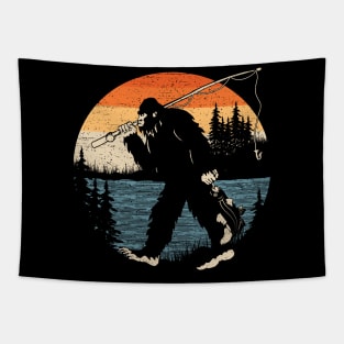 Bigfoot Fishing Sunset Tapestry