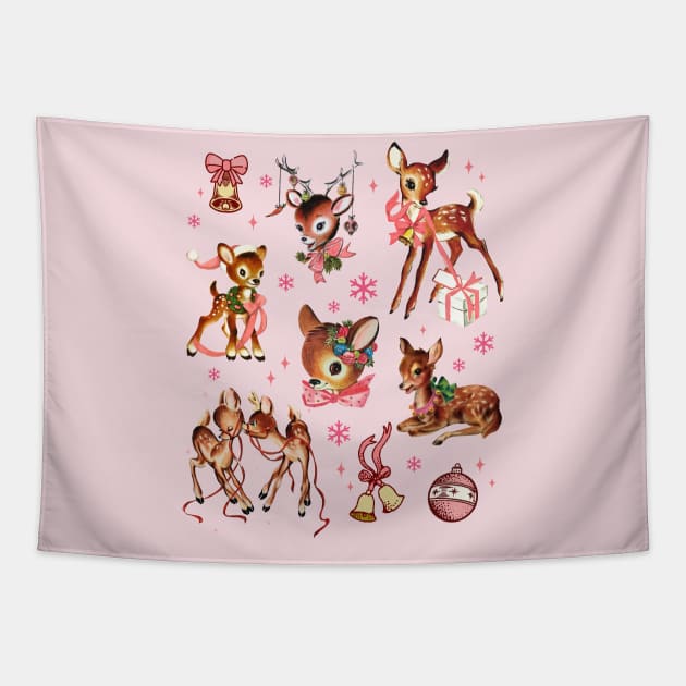 Retro Pink Cute Reindeer Christmas Collage Tapestry by PUFFYP