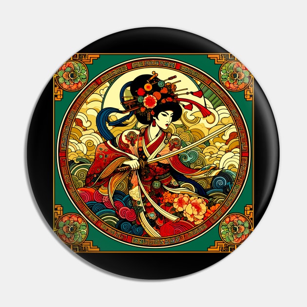 Chinese Woman Swordfighter in Art Deco Style Pin by RCDBerlin