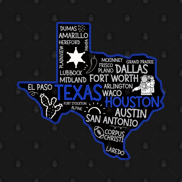 Houston Texas cute map Houston San Antonio Dallas Austin Fort Worth El Paso by BoogieCreates