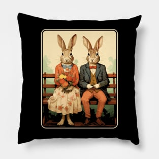 Easter Rabbits On Park Bench Bunny Lovers Pillow