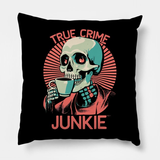 True Crime Junkie Skeleton and Coffee Illustration Pillow by Soulphur Media